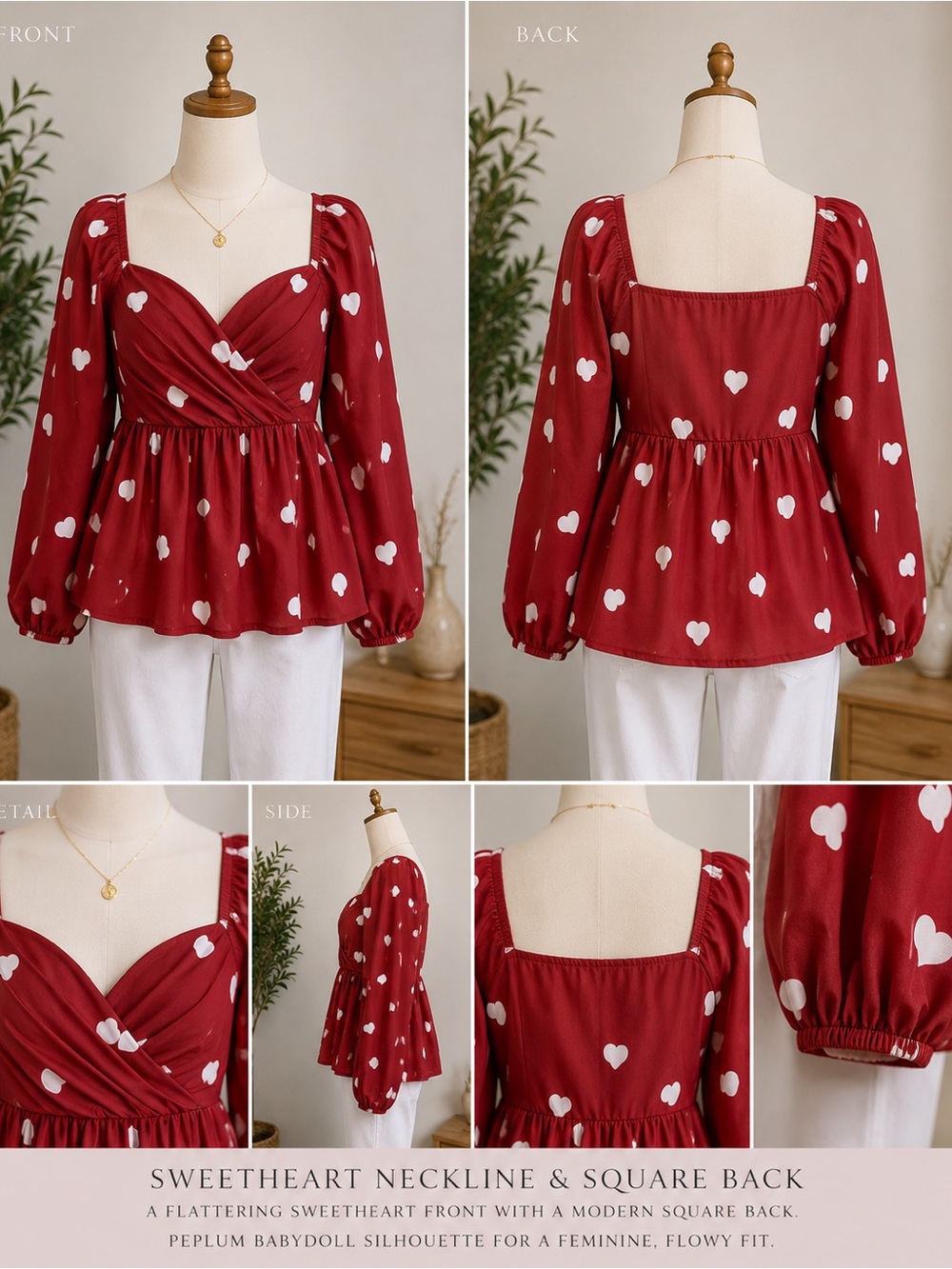 Red Heart Print Peplum Wrap Blouse - Picture 1 of 5
